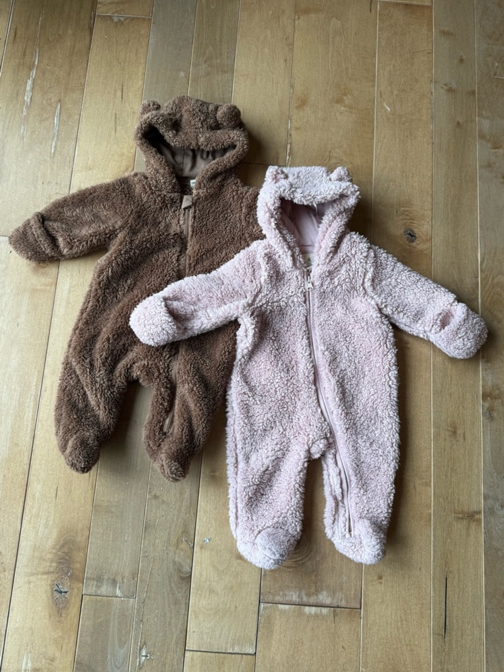 GAP & AMAZON Plush Teddy One-Piece Footies - Brown & Light Pink
